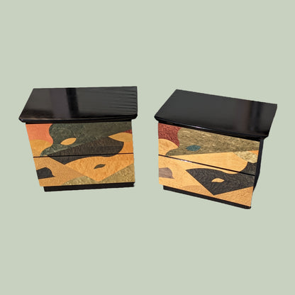 Postmodern Nightstands by Carlo Malnati, Super Unique Inlaid Wood, Black Lacqeur, Mid Century, Post Modern, MCM
