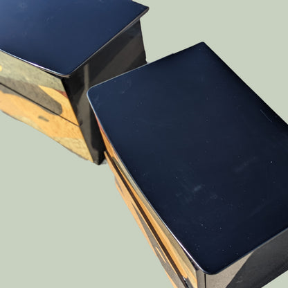 Postmodern Nightstands by Carlo Malnati, Super Unique Inlaid Wood, Black Lacqeur, Mid Century, Post Modern, MCM