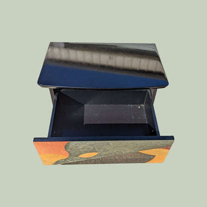 Postmodern Nightstands by Carlo Malnati, Super Unique Inlaid Wood, Black Lacqeur, Mid Century, Post Modern, MCM
