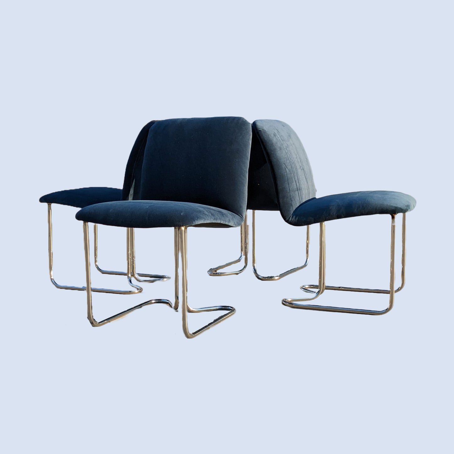 Milo Baughman for DIA Blue Velvet Dining Chairs | Chrome | Tubular | Set of Four | Vintage | Mid Century | MCM