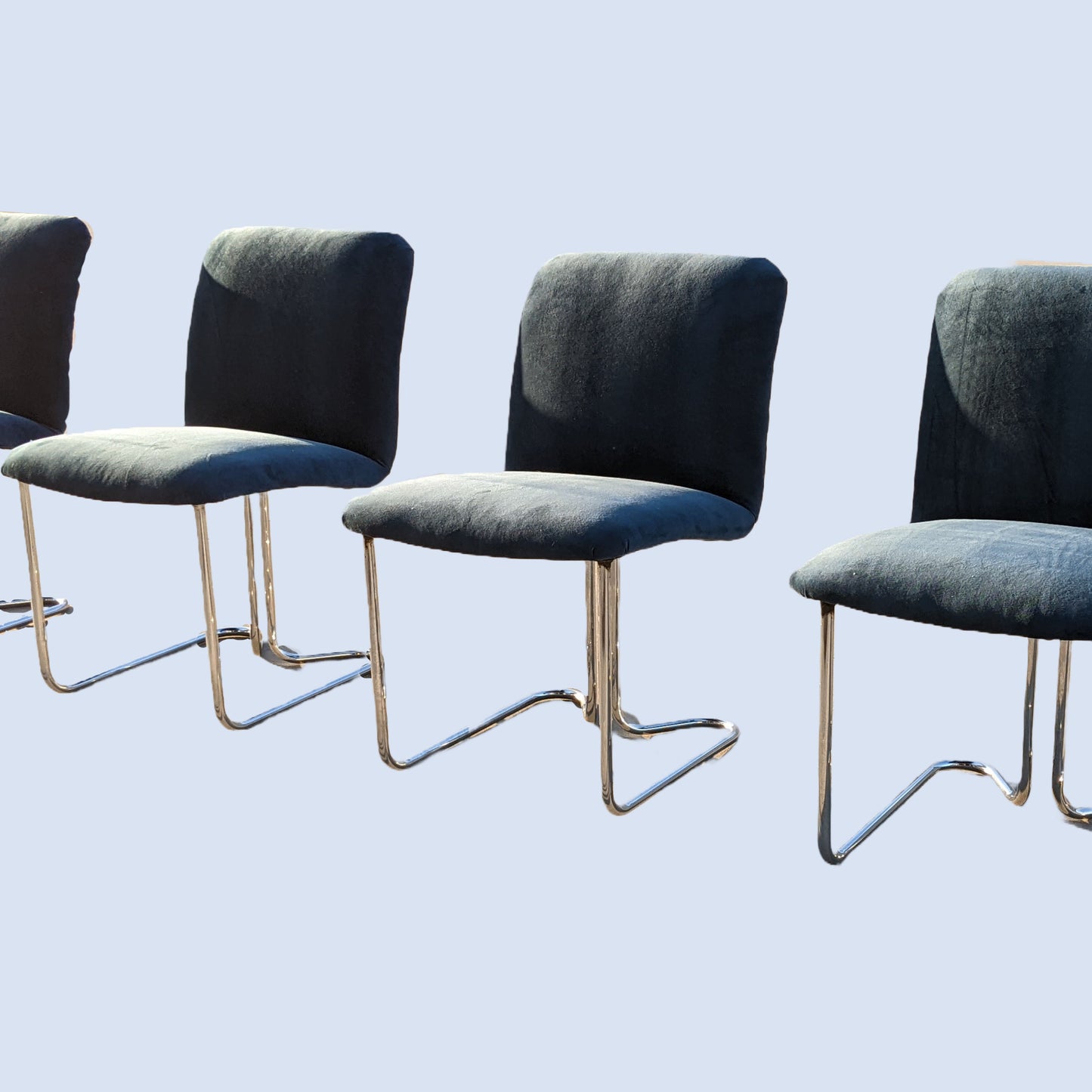 Milo Baughman for DIA Blue Velvet Dining Chairs | Chrome | Tubular | Set of Four | Vintage | Mid Century | MCM