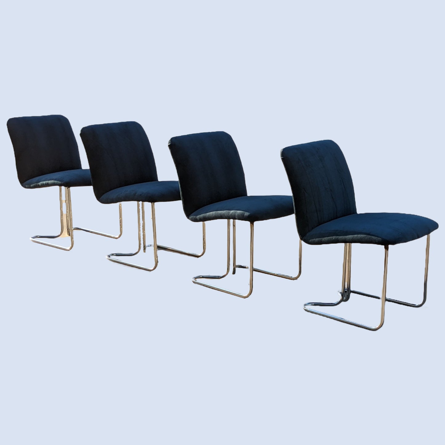 Milo Baughman for DIA Blue Velvet Dining Chairs | Chrome | Tubular | Set of Four | Vintage | Mid Century | MCM