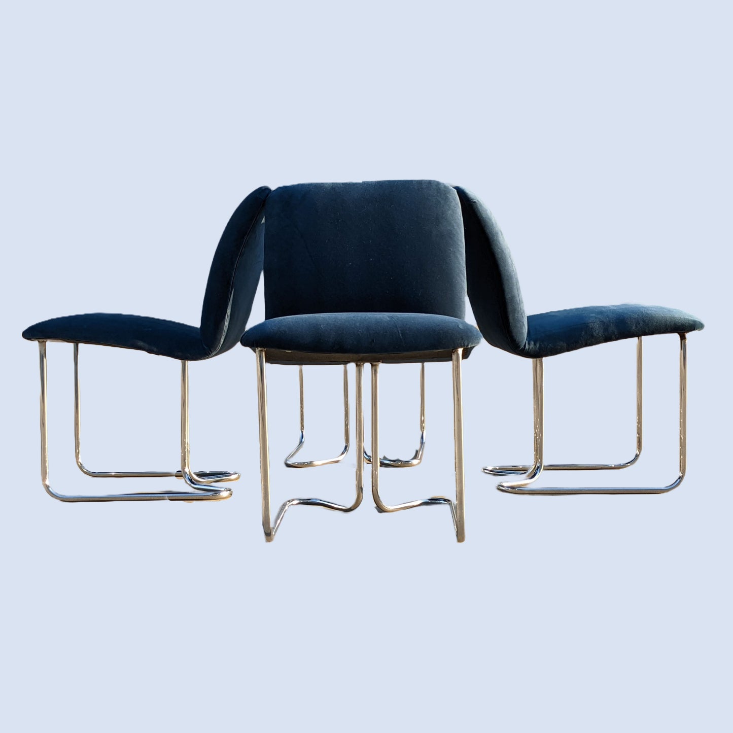 Milo Baughman for DIA Blue Velvet Dining Chairs | Chrome | Tubular | Set of Four | Vintage | Mid Century | MCM