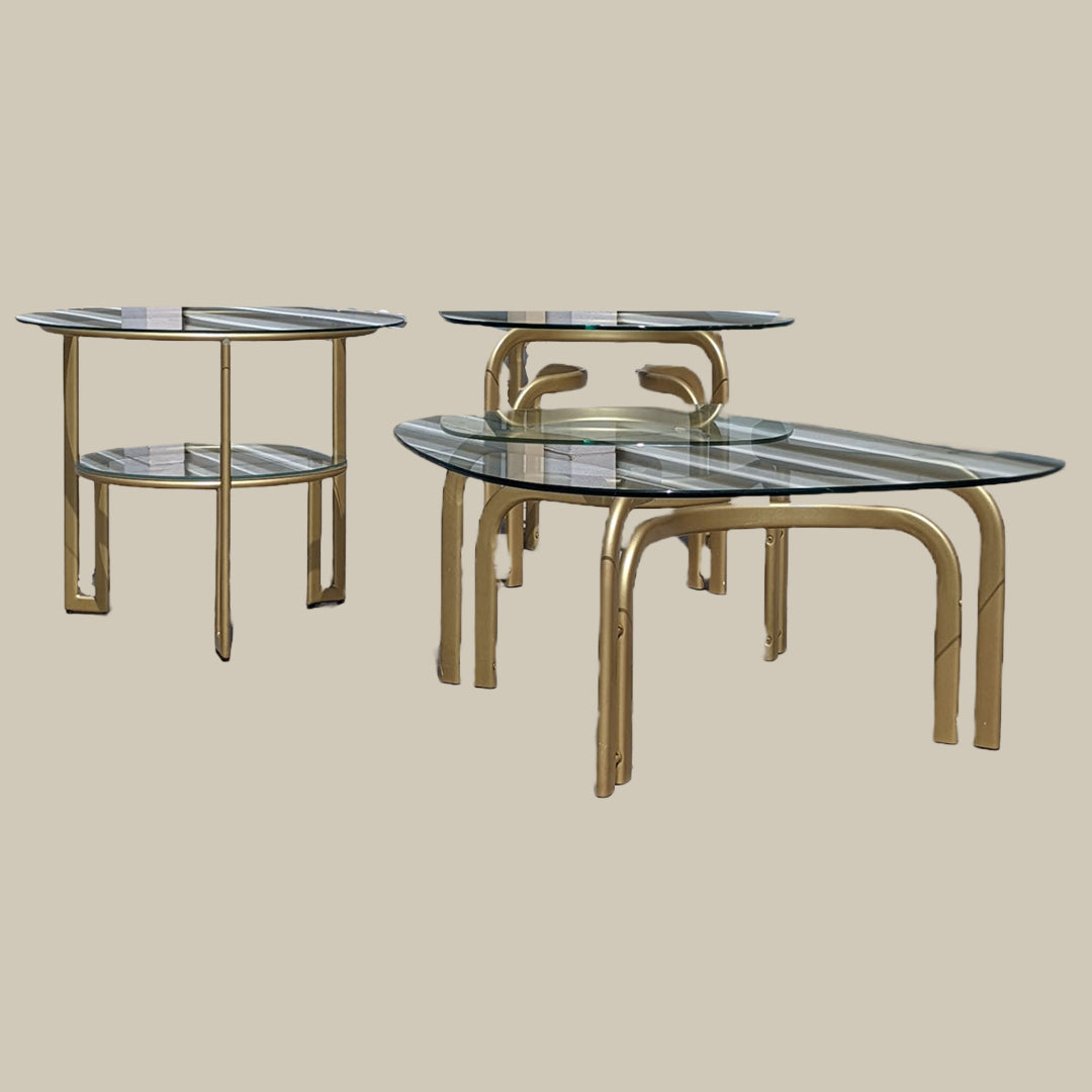 Trio Of Postmodern Glass Top Tables | 80s | MCM | Gold | Brass | Mid Century