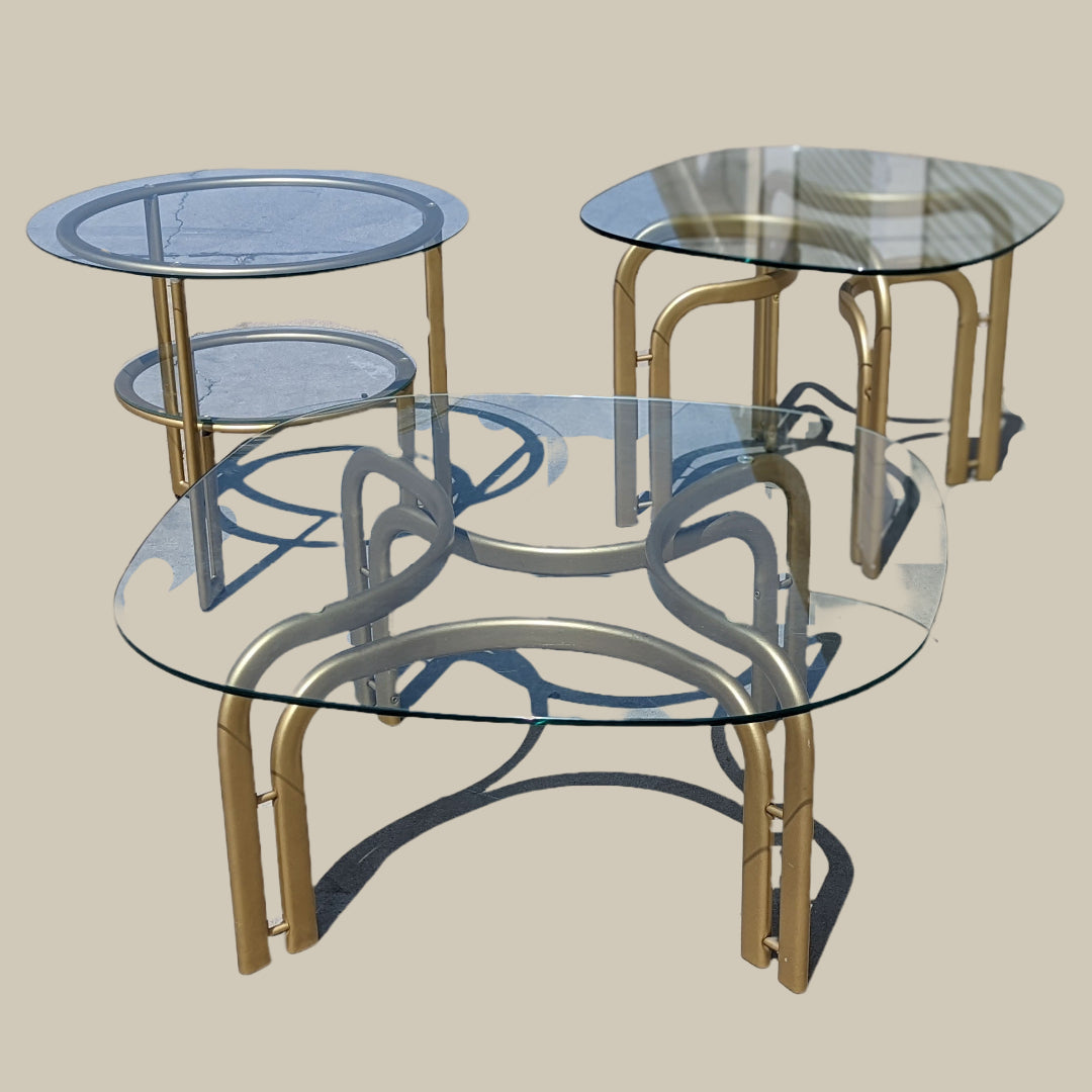 Trio Of Postmodern Glass Top Tables | 80s | MCM | Gold | Brass | Mid Century