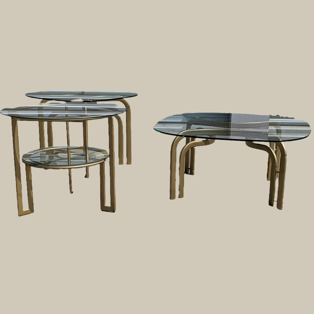 Trio Of Postmodern Glass Top Tables | 80s | MCM | Gold | Brass | Mid Century