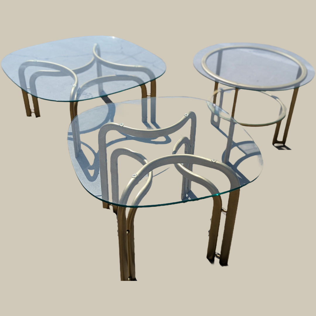 Trio Of Postmodern Glass Top Tables | 80s | MCM | Gold | Brass | Mid Century