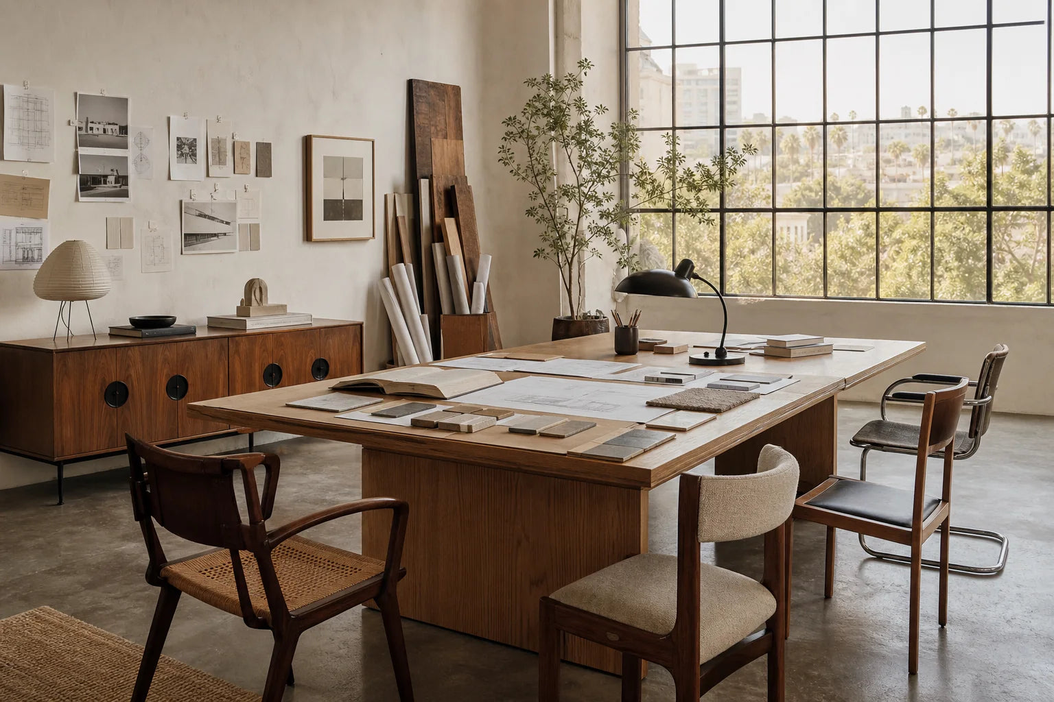 Architectural design studio with vintage chairs, material samples, and working table